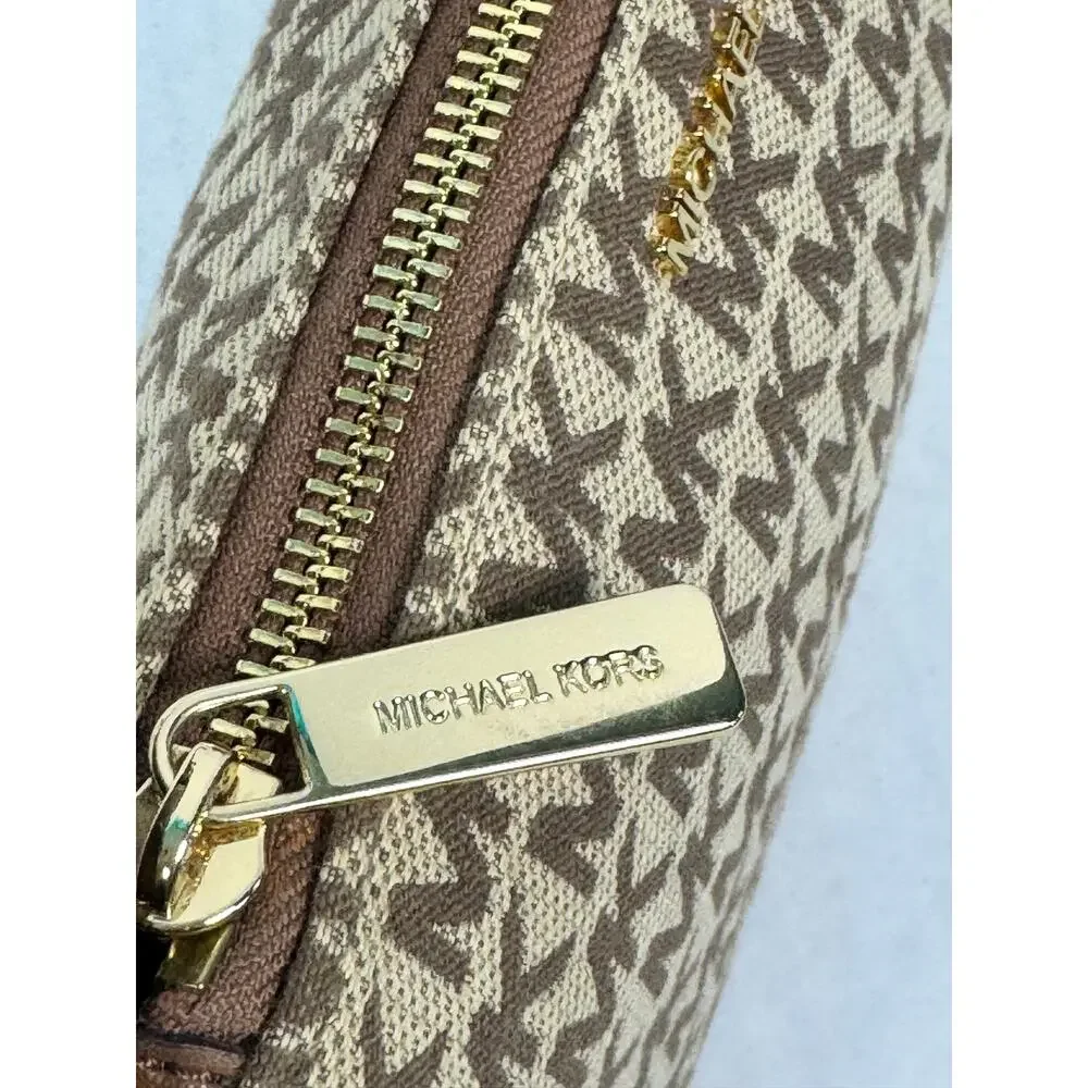 Michael Kors MK Logo Jacquard Shoulder Bag Brown Beige Gold Tone Hardware